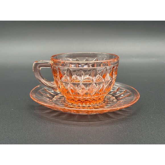1930s Jeannette Glass Windsor Pink Depression Glass Teacup & Saucer Set - Picture 1 of 5